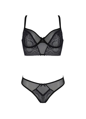 Комбинированный демисезонный комплект drosera set black, l/xl, сетка+кружево, бюстье и трусики танга Passion