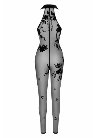 Бодістокінг F315 Ego flocked mesh halter catsuit - 3XL Noir Handmade чорний відвертий поліестер
