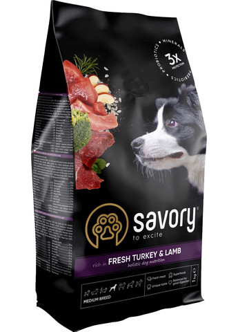 Сухий корм для собак середніх порід зі свіжим м'ясом індички та ягняти 1 кг (30259) Savory (279571944)