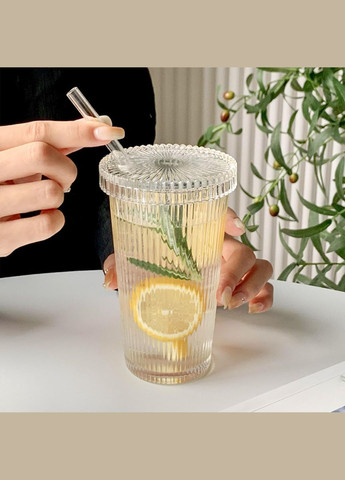 Склянка з ребристого скла з кришкою і трубочкою для коктейлів, айс кави - Vintage 375 мл More (300522971)