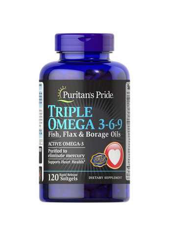 Жирні кислоти Triple Omega 3-6-9 Fish, Flax & Borage Oils, 120 капсул Puritans Pride (293338069)