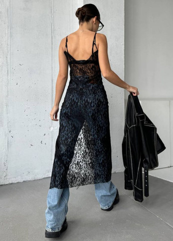 Черное кэжуал изысканное легкое летнее гипюровое ажурное меди платье на бретельках с вырезом на юбке Tik-Tak однотонное