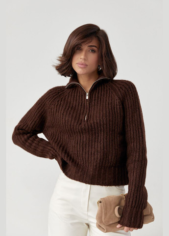 Коричневый зимний женский вязаный свитер oversize с воротником на молнии 03901 Lurex