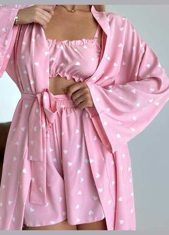 Шикарный летний розовый костюм тройка (рубашка+топ+шорты) из софта, нежный принтованный костюм тройка No Brand 1596-2 (292311353)