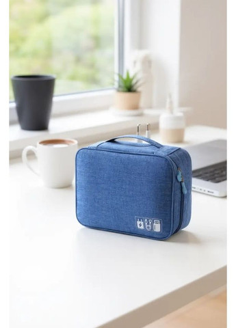 Дорожной органайзер для проводов, зарядок и аксессуаров 24.5×18×10 см голубой чехол-сумка из ткани Оксфорд с перегородками No Brand (364191357)