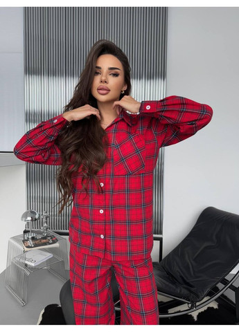 Красная женская фланелевая пижама в клетку рубашка + брюки No Brand С832/833-806/2