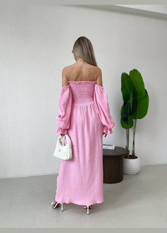 Розовое длинное муслиновое платье розового цвета 32689 а-силуэт Fashion однотонное