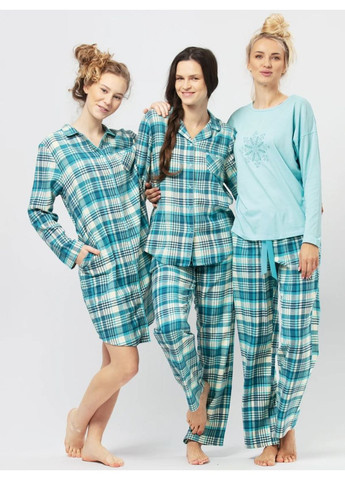 Зелена зимня бавовняна піжама жіноча фланель в клітинку lns 471 сорочка + брюки Key