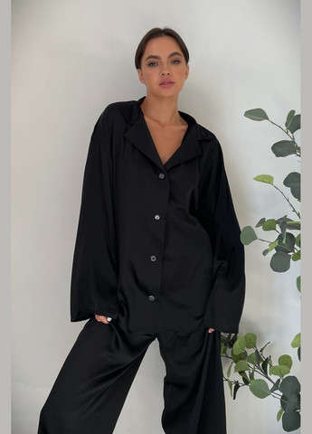 Черная всесезон пижама шелковая женская "объятия" рубашка + брюки Without