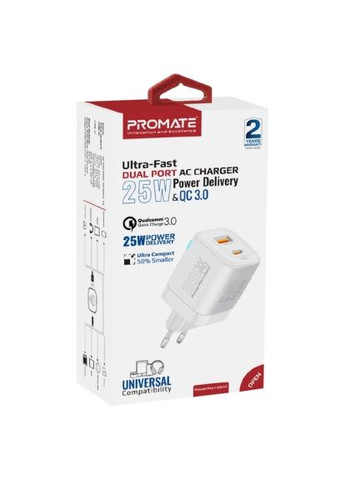 Зарядний пристрій (powerport-25ac.white) Promate USBC PD25W + USBA QC3.0 18W White (369879998)