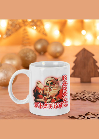 Белая кружка (чашка) с новогодним принтом "Празднуй. Кайфуй. Святой Николай. С новым Годом" Push IT Кавун Чашка (316112078)