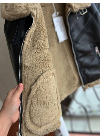 Дубленка женская 2407 короткая молния с мехом экозамш темно коричневая AFTF BASIC (311280506)