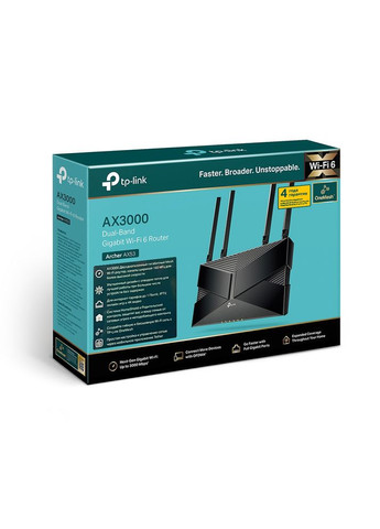 Роутер Archer AX53, Black, Wi-Fi 6, до 3000 Mb/s, 2.4/5GHz, 4x100/1000 Mb/s, RJ45 100/1000Mb/s (Gb), 4 зовнішні незнімні антенни TP-Link (340063148)