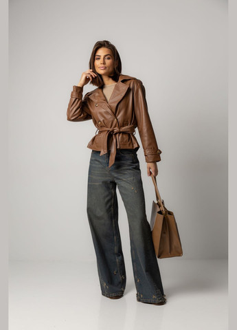 Светло-коричневая демисезонная женская куртка с поясом из экокожи - коричневый цвет, l (sku_235053) No Brand