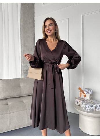 Темно-коричневое платье 1706 двойной плотный шелк, с поясом и рукавами Україна