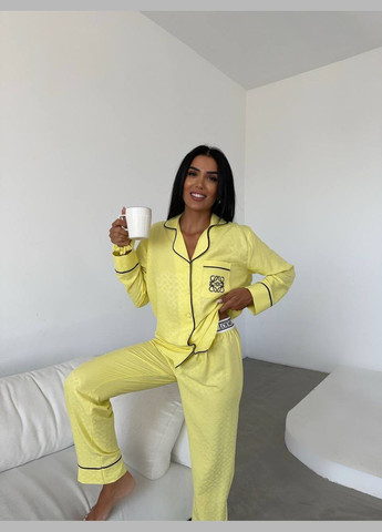 Светло-желтая всесезон изящная пижама с вышивкой рубашка + брюки Vakko