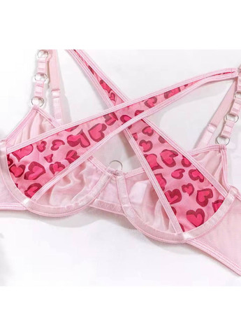 Розовый демисезонный комплект женского белья бюстгальтер трусики гартеры перчатки цвет розовый в сердечки No Brand Love Pink