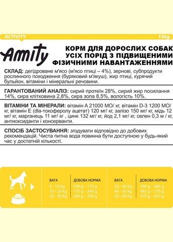 Сухий корм для собак Activity енергетичний для собак з підвищеним навантаженням 15 кг (8436538940488) AMITY (316226906)