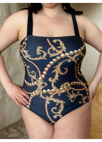 Черный демисезонный сплошной купальник plus size с парео No Brand