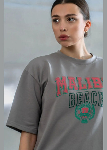 Жіноча футболка оверсайз із бавовни з принтом MALIBU BEACH Сіра Teamv - (337115787)