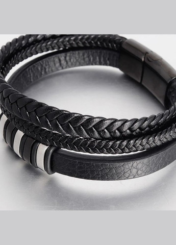 Чоловічий шкіряний браслет плетений, чорний зі сталевими вставками No Brand (328251217)