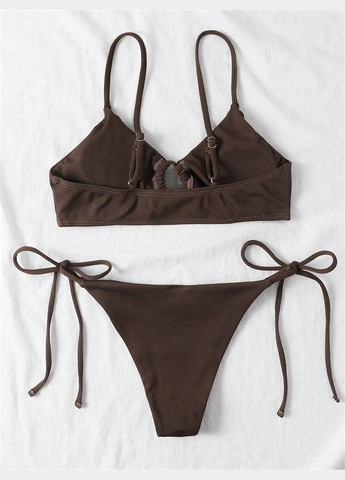 Коричневый летний раздельный женский купальник в рубчик с завязками на лифе и плавках ribana черный No Brand