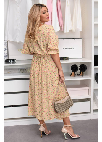 Бежевое повседневный, кэжуал женское платье больших размеров а-силуэт Style Point с цветочным принтом