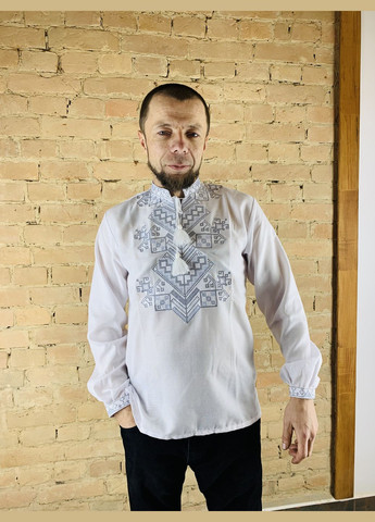 Белая мужская вышиванка дерево жизни серое НоКо свободная, прямой хлопок (303724279)