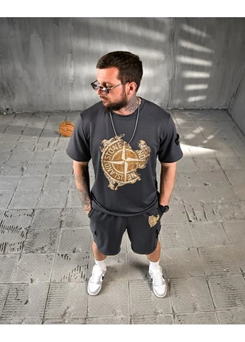 Стильный мужской костюм серый шорты и футболка Stone Island (398632842)
