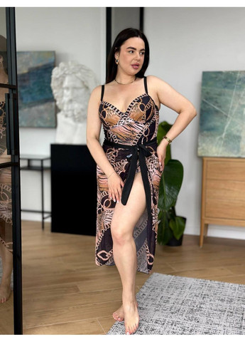 Комбинированный летний женский комплект плюс сайз сплошной купальник + парео женский купальник сплошной с парео больших размеров No Brand