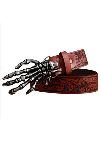 Ремень мужской с металической пряжкой Рука Скелета 120см Кожа PU в подарок пробойник. Коньяк No Brand (308461887)