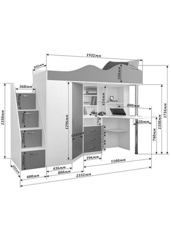 Ліжко-горище дитяче Binky ДС37А 2332x1800x832 Дуб крафт золотий/Білий супермат (МДФ) (Right) (BK02120020000) Art In Head (337309142)