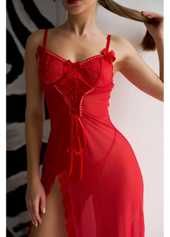 Пеньюар довгий + трусики, мереживо, розріз спереду / Комплект: червоний довгий пеньюар та трусики, прозорий, святковий, е No Brand (366571639)