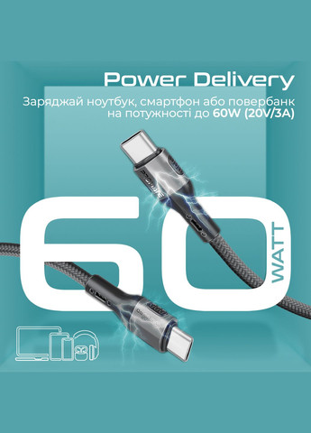 Кабель USB Type-C - USB Type-C (M/M), 3A, 60W, 1.2м, Black (fletchlink-cc.black) Promate (336950862)