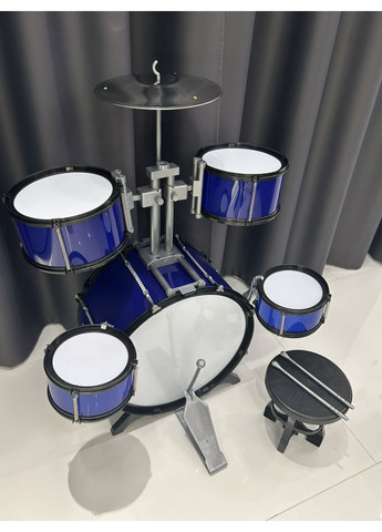Барабанна установка 5 барабанів з паличками та стільчиком Синя (7988) No Brand (371646996)