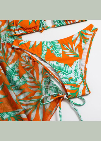 Светло-оранжевый демисезонный купальник раздельный оранжевый с зелеными листьями + комбинезон. No Brand 3172