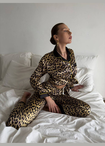 Комбинированная всесезон стильная шелковая пижама с леопардовым принтом рубашка + брюки No Brand