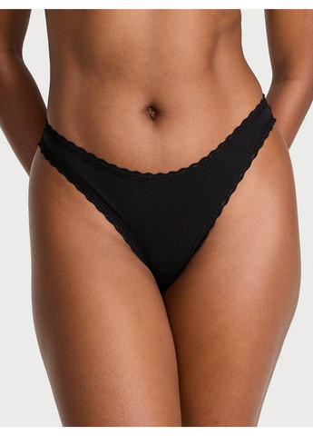 Трусики-стринги женские хлопковые The Lacie Cotton Lace-Waist Thong черные Victoria's Secret (348059497)