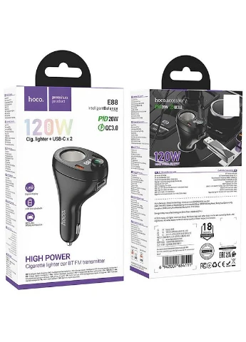 Автомобильный FM-модулятор E88 Star cigarette lighter+PD20W+QC3.0 общий 120W (2USB-C) Black Hoco (382609766)