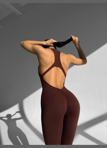 Спортивный комбинезон (длинный) с чашками и пуш-ап шоколадного цвета, размер S Trends комбинезон-брюки однотонный коричневый спортивный