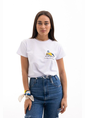 Біла всесезон жіноча футболка з українським принтом біла mkar32742-1 Modna KAZKA