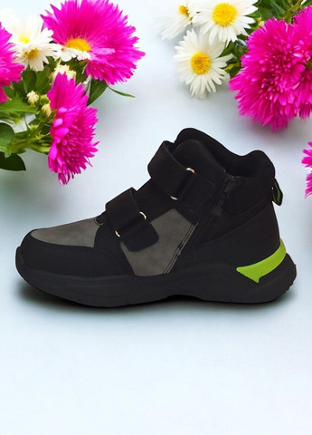 Черные спортивные, повседневные осенние демисезонные ботинки на липучках утепленные для мальчика 515 черные с серым Clibee