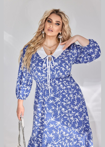 Синее повседневный приталенное платье с воланом колокол No Brand с цветочным принтом