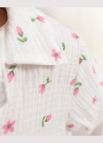 Белая пижама детская домашняя муслиновая рубашка со штанами розовые тюльпаны Maybel