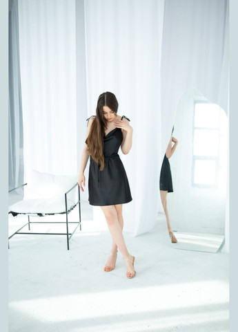 Черное коктейльное шелковое платье на завязках длина мини платье-комбинация Fayna однотонное