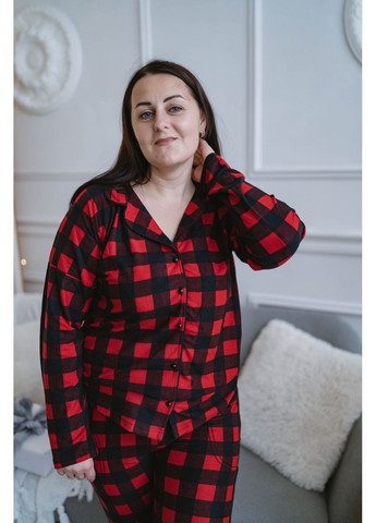 Красная всесезон утепленная пижама женская на пуговицах свободного кроя штаны + рубашка на длинный рукав ( красная клетка ) кофта + брюки Pijamoni