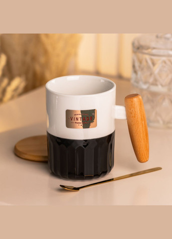 Чашка фарфоровая 400 мл Vintage с бамбуковой крышкой и ложкой, Happy Life (363134516)