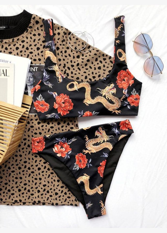 Чорний літній роздільний купальник чорний китайський дракон s m l (44 46 48) Po Fanu