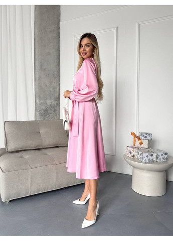 Розовое платье 1706 двойной плотный шелк, с поясом и рукавами Україна