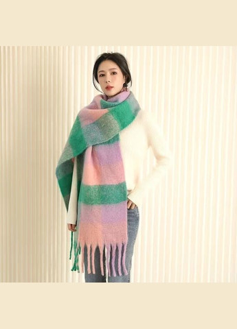 Теплий шарф з довгими китицями у лілово-зелену клітинку No Brand (314837593)